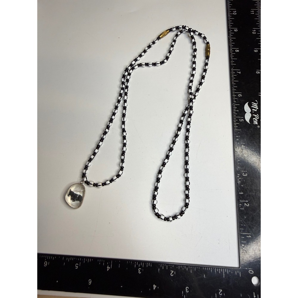 Handmade Black White Striped Bead Necklace Clear Animal Silhouette Pendant 28"